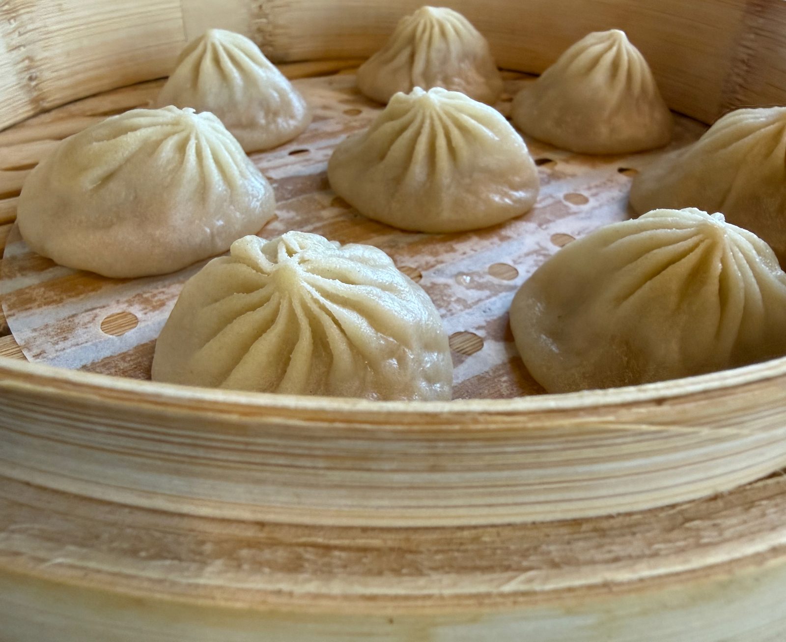 A bamboo steamer basket of xiao long bao soup dumplings at Dough Zone, pleated and glistening