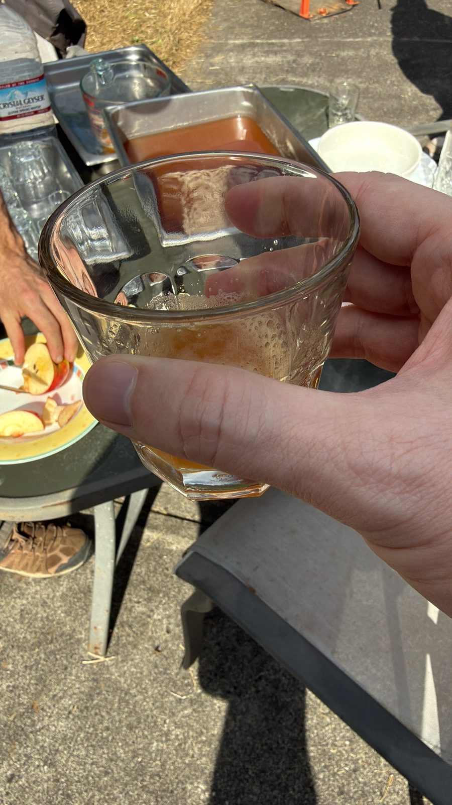 A hand holding a glass of cloudy amber fresh apple juice up to the light, with sliced apples on a plate visible below